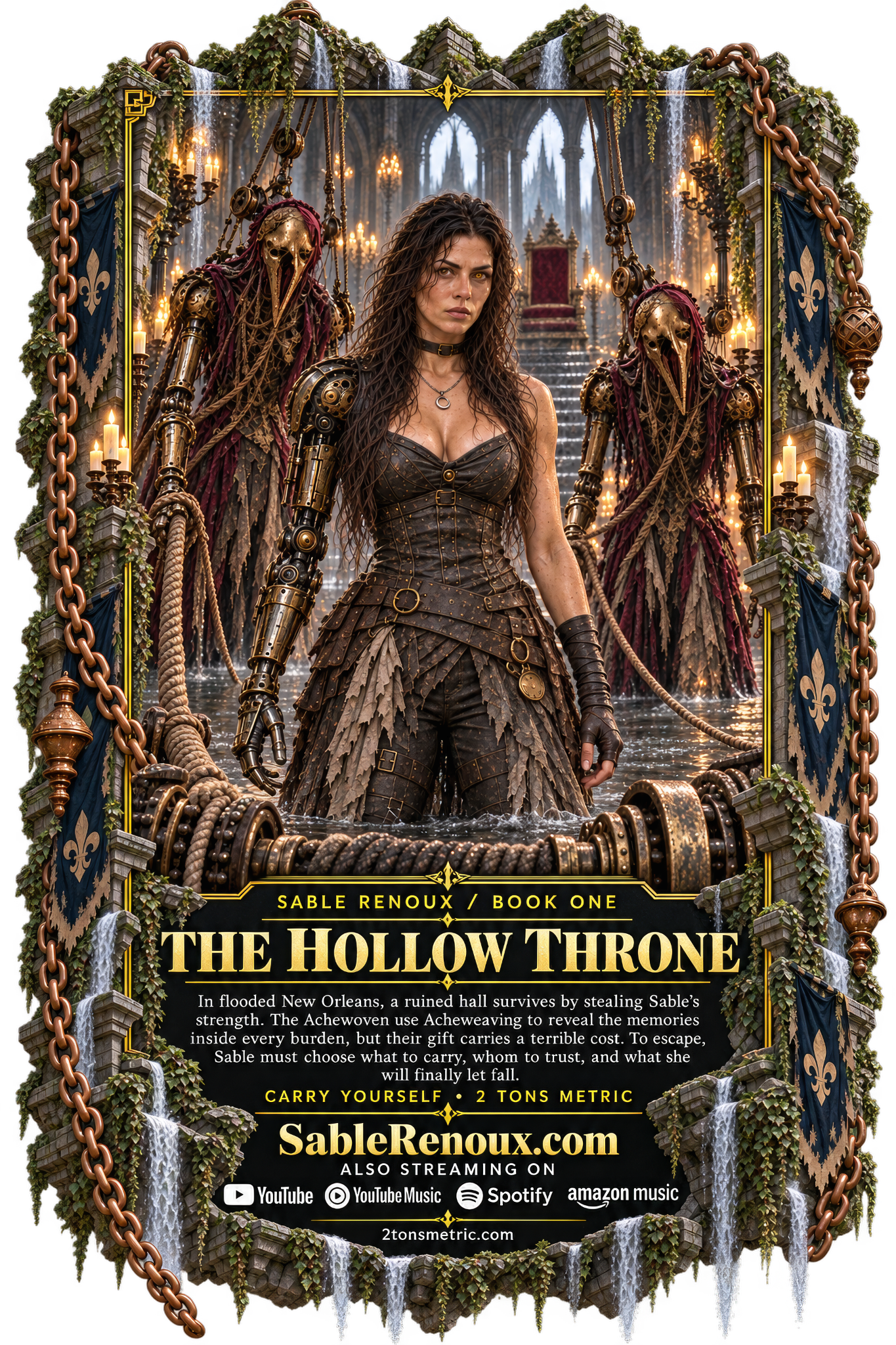 Couverture arrière de The Hollow Throne : Sable se tient entre deux personnages masqués dans une salle inondée, au-dessus du synopsis de l'histoire.