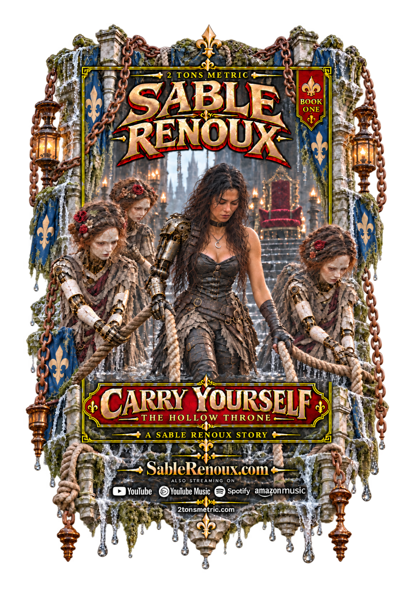 Sable Renoux et Achewoven tiennent des cordes dans une salle inondée sur la couverture ornée de Carry Yourself : The Hollow Throne, Book One.