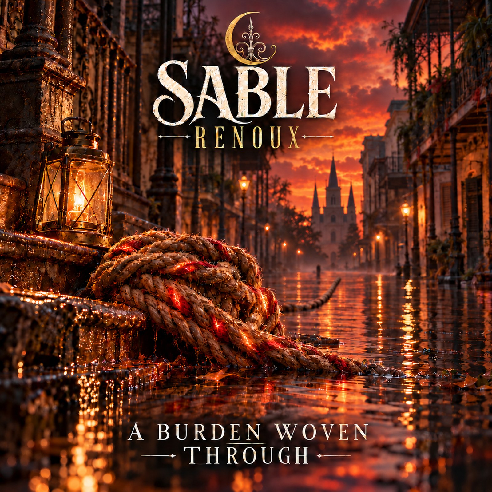 A Burden Woven Through album cover by Sable Renoux, showing a flooded New Orleans street at sunset